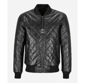 70s MA-1 Leather Bomber Jacket Diamond Quilted