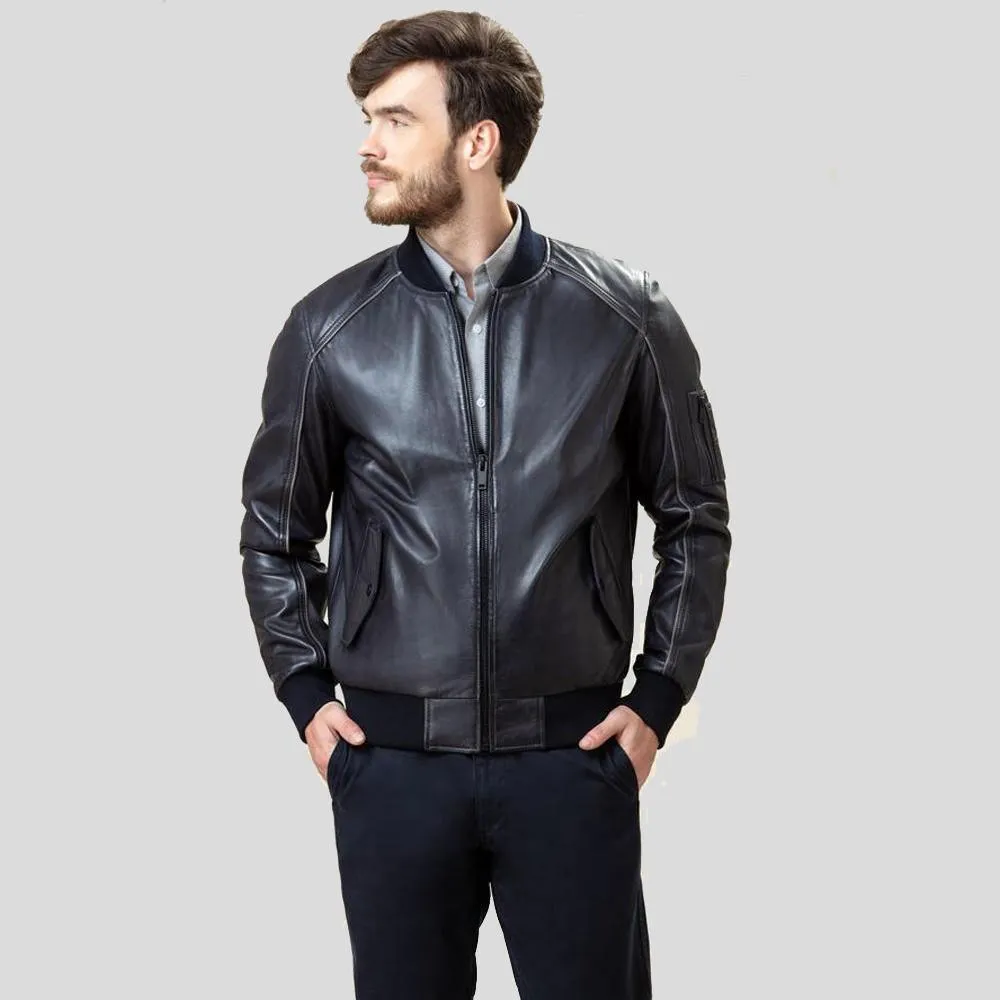 Abramo Black Bomber Lambskin Leather Jacket for Men