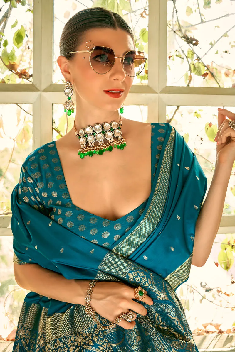 Admirable Rama Banarasi Satin Silk Saree With Inspiring Blouse Piece