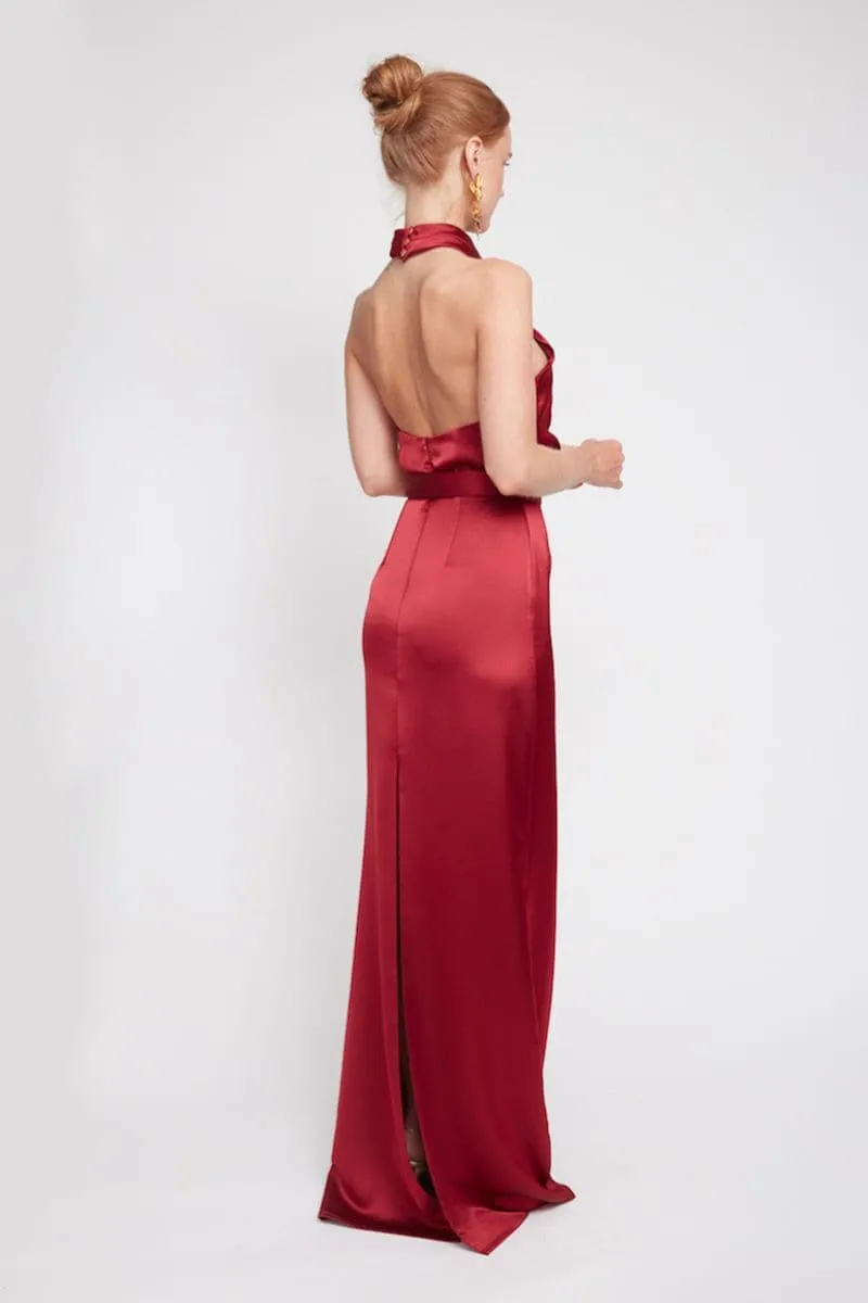 ALIUR DEEP RED HALTER NECK EVENING DRESS