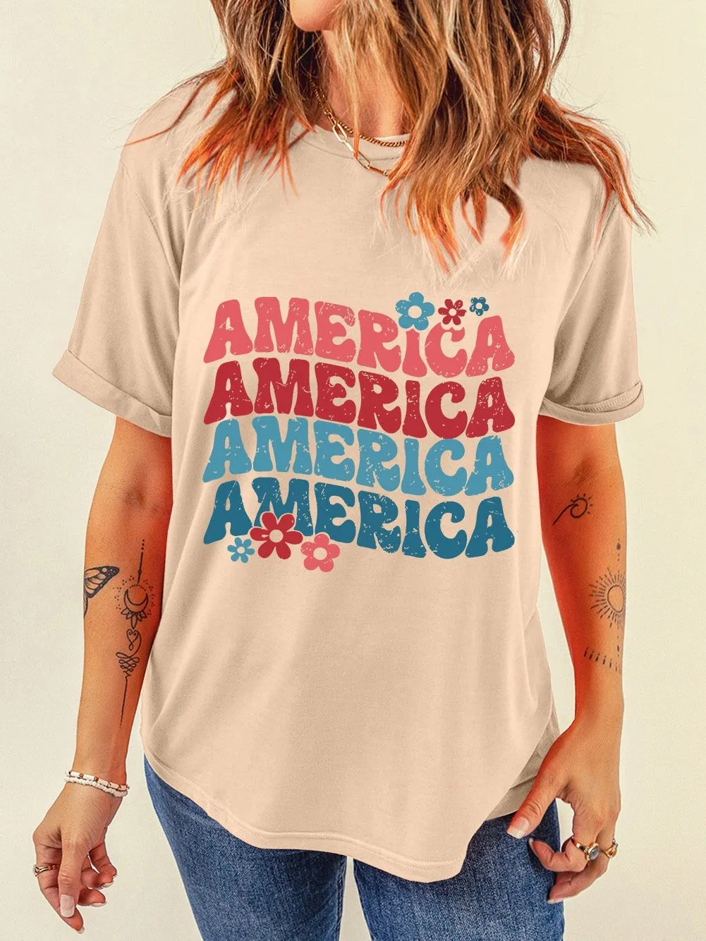 AMERICA Letter Print Khaki Floral Graphic Tee