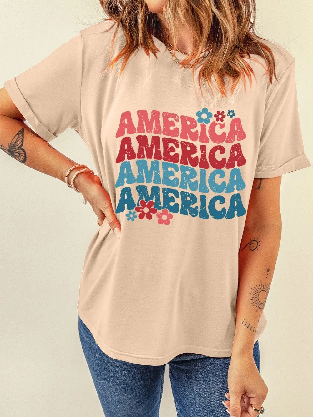 AMERICA Letter Print Khaki Floral Graphic Tee