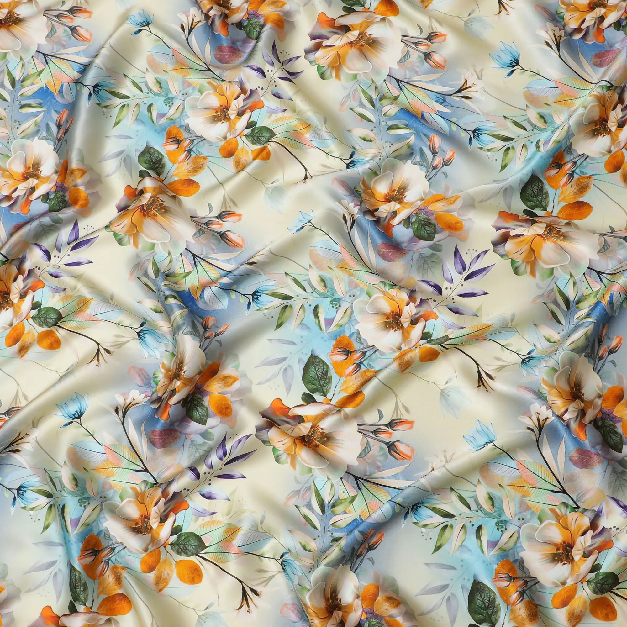 Autumn Harvest Silk Satin Fabric - Italian Print, 140cm Wide - Buy Exquisite Textiles Online-D18322