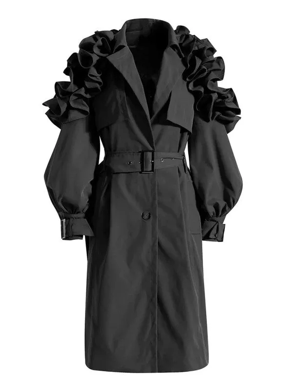 Beautiful Ruffles Belted Trench Coat-Black