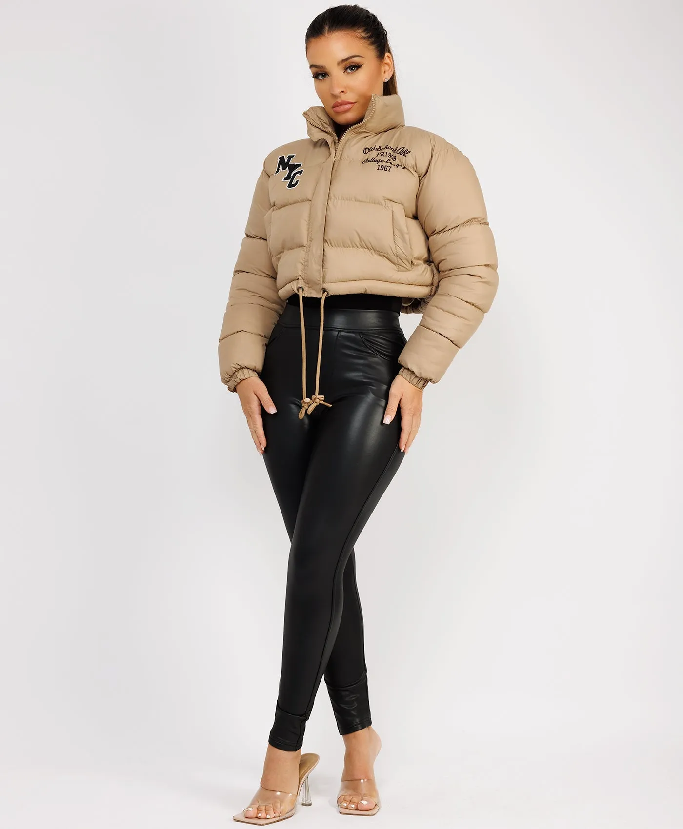 Beige NYC Quilted Padded Cropped Puffer Jacket