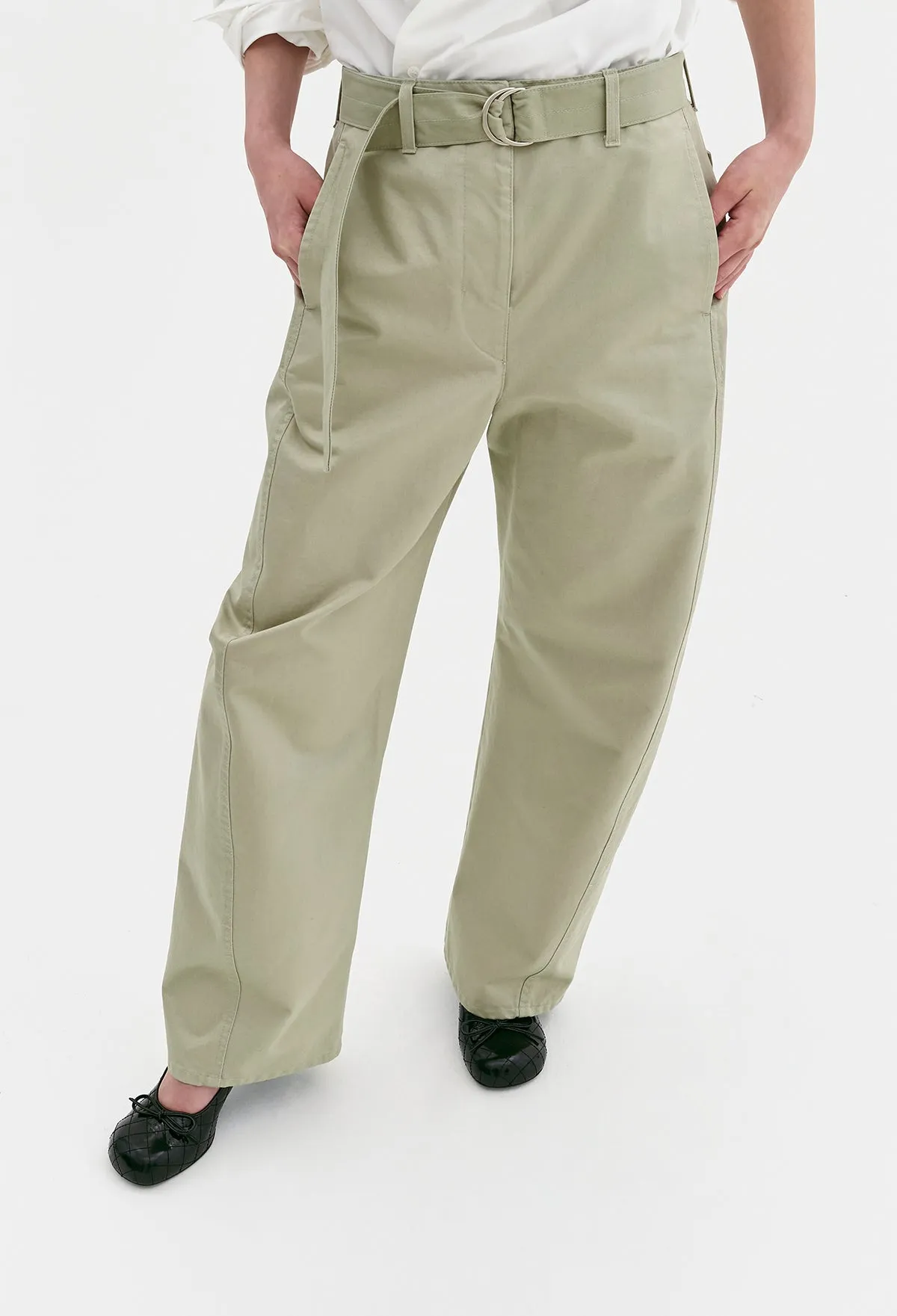 Belted Cotton Pants In Light Khaki