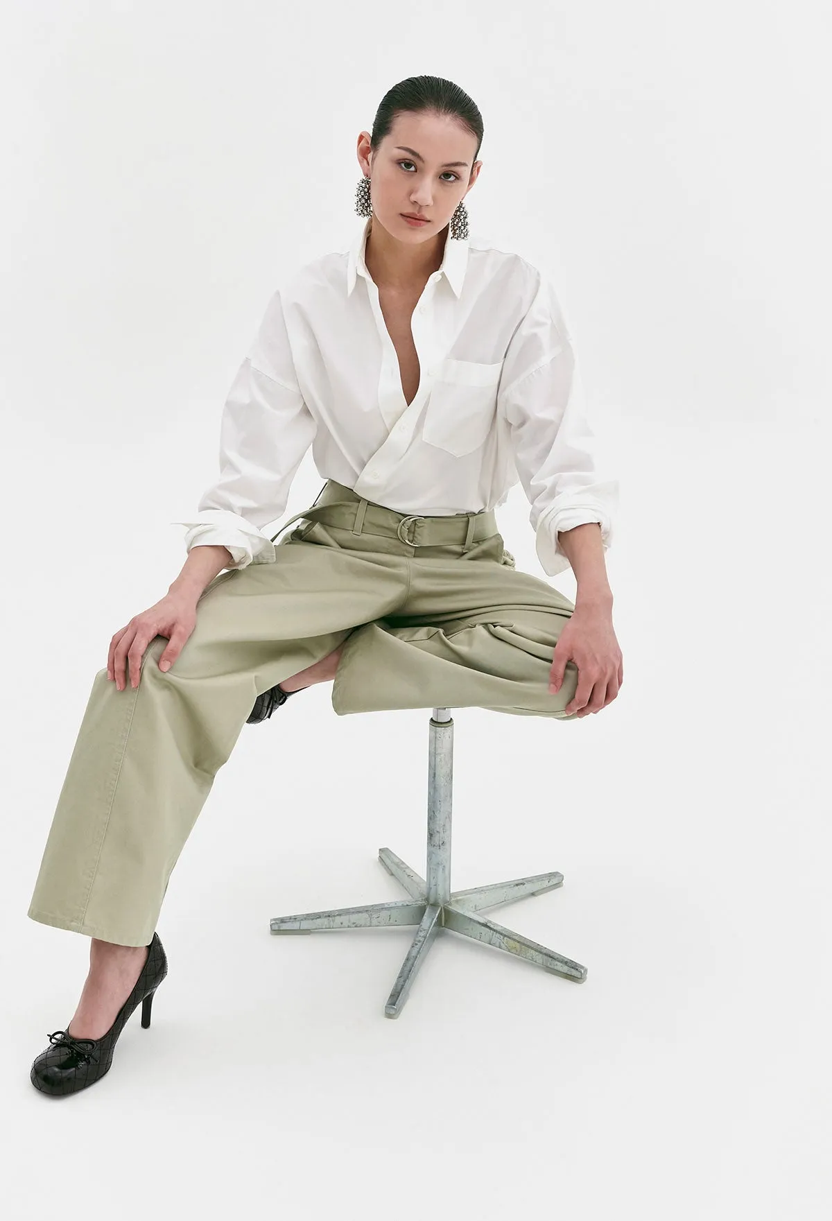 Belted Cotton Pants In Light Khaki