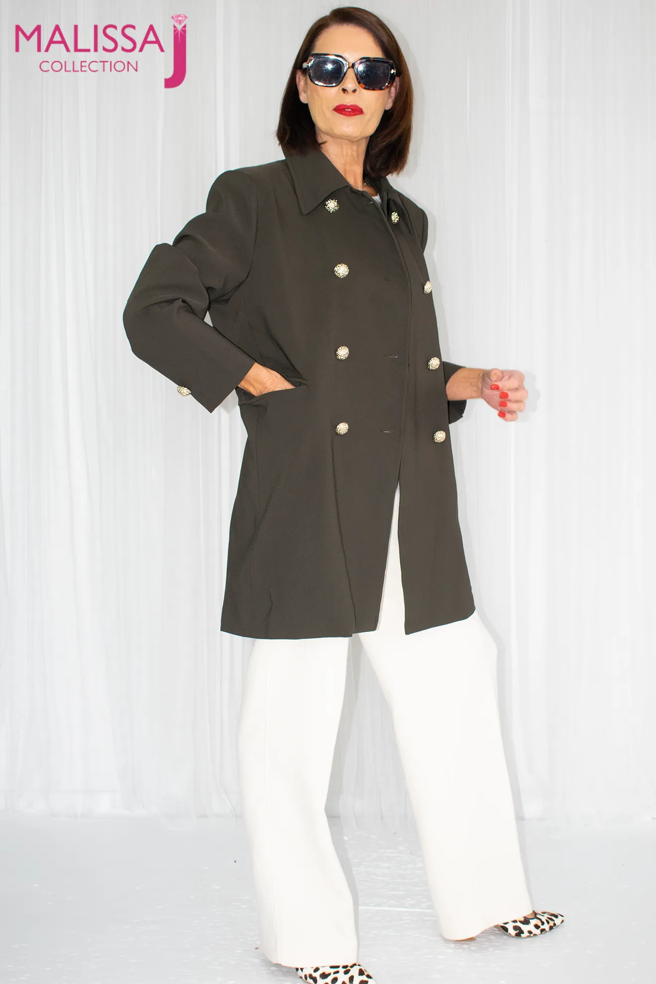 Bianca Military Style Collared Jacket with Gold Button in Khaki