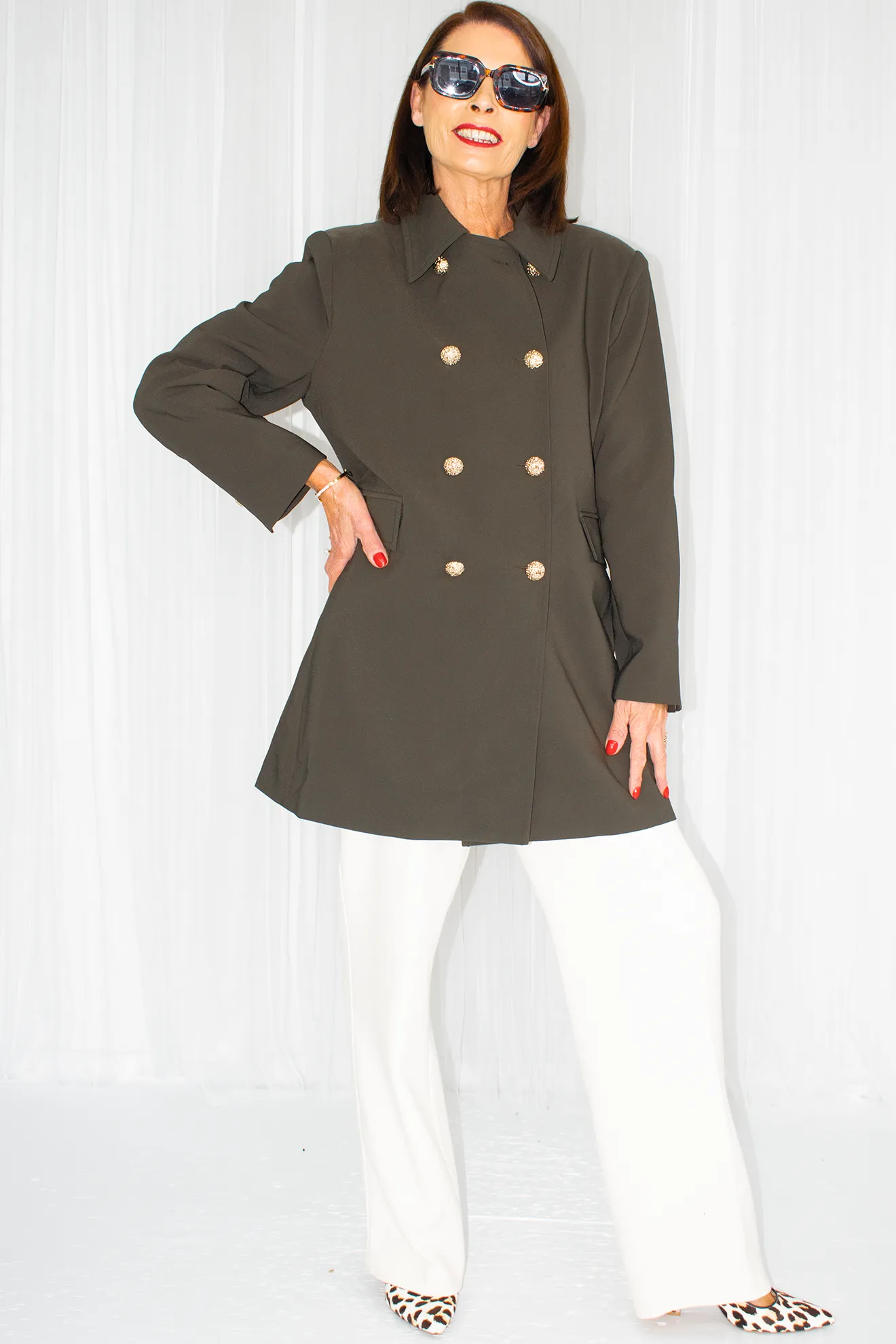 Bianca Military Style Collared Jacket with Gold Button in Khaki