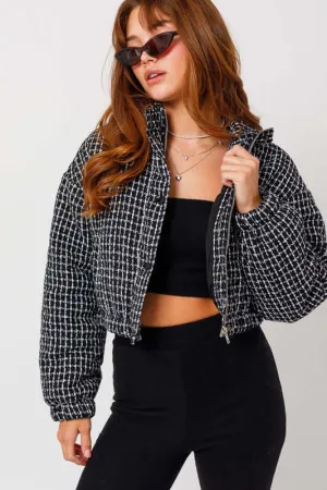 Black & White Tweed Crop Puffer Jacket