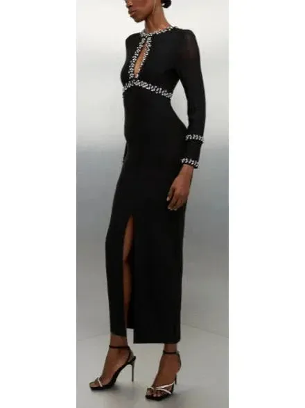 Black Fitted Crystal Embellished Long Evening Dress with Keyhole