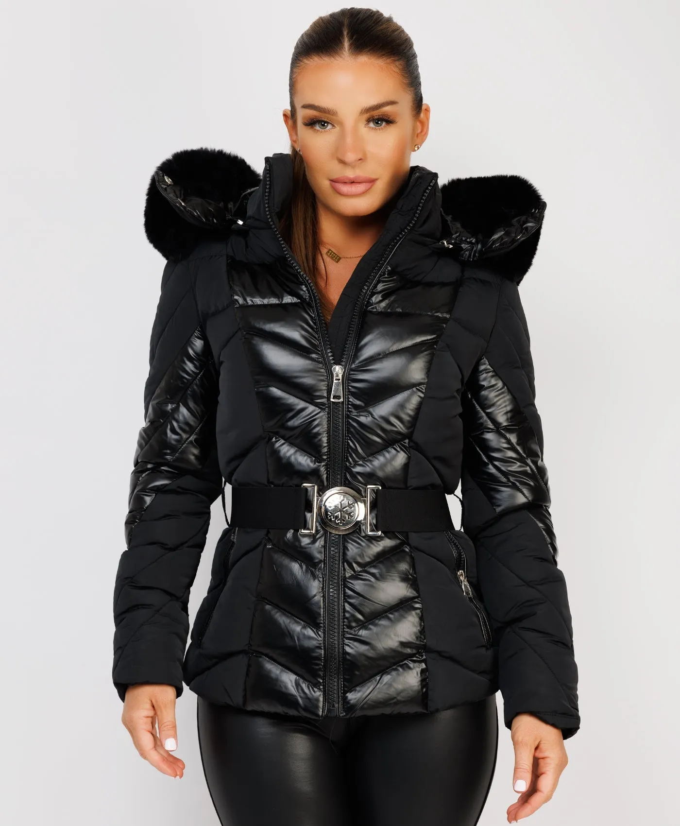 Black Metallic Quilted Padded Belted Ski Jacket