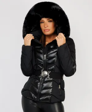 Black Metallic Quilted Padded Belted Ski Jacket