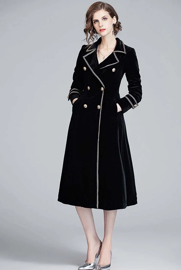 Black Velvet Double-breasted Trench Coat