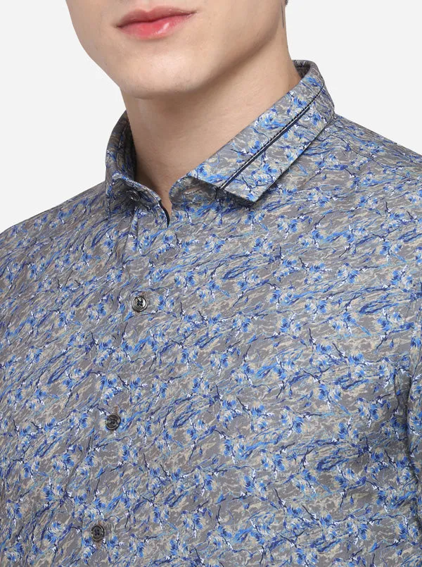 Blue & Khaki Printed Slim Fit Party Wear Shirt | JB Studio