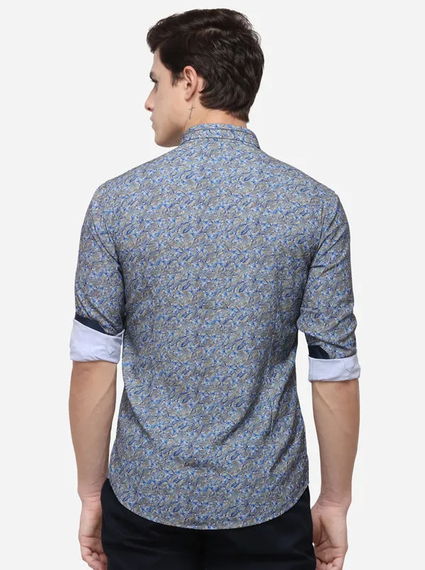 Blue & Khaki Printed Slim Fit Party Wear Shirt | JB Studio