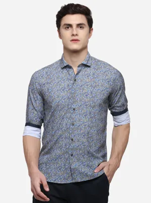 Blue & Khaki Printed Slim Fit Party Wear Shirt | JB Studio