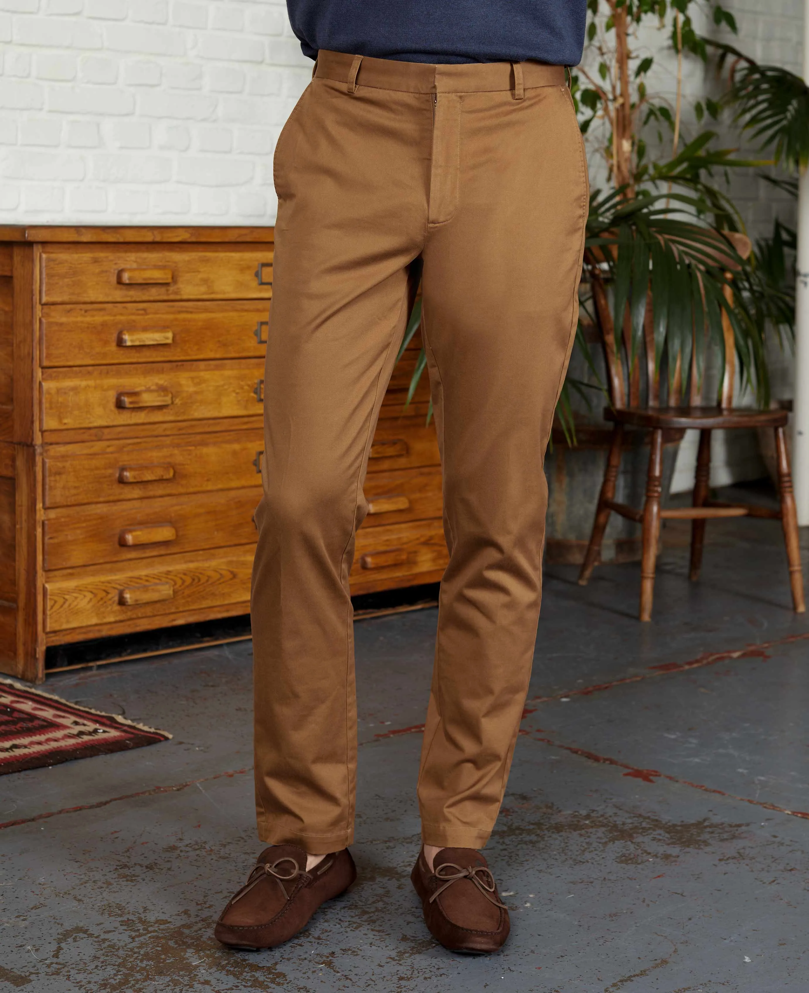 Cappuccino Brown Stretch Cotton Classic Fit Flat Front Chinos