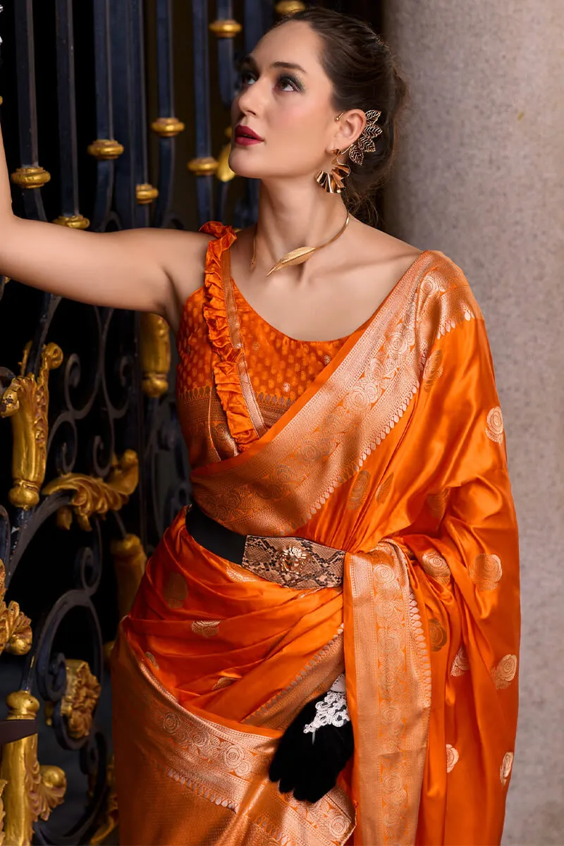 Captivating Orange Banarasi Satin Silk Saree With Desirable Blouse