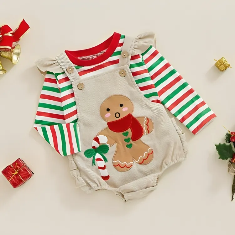 Christmas Striped Romper & Overalls Set