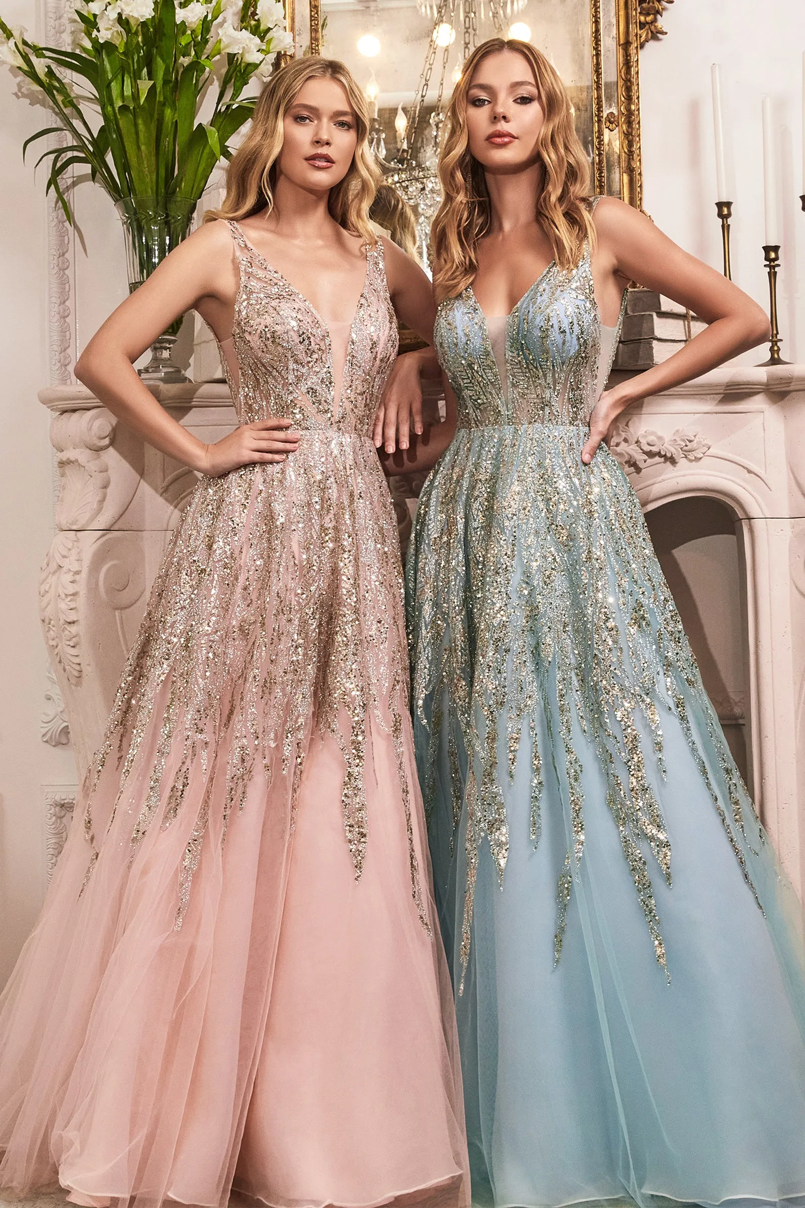 CINDERELLA DIVINE C135 Beaded Sleeveless Shimmer Ball Gown