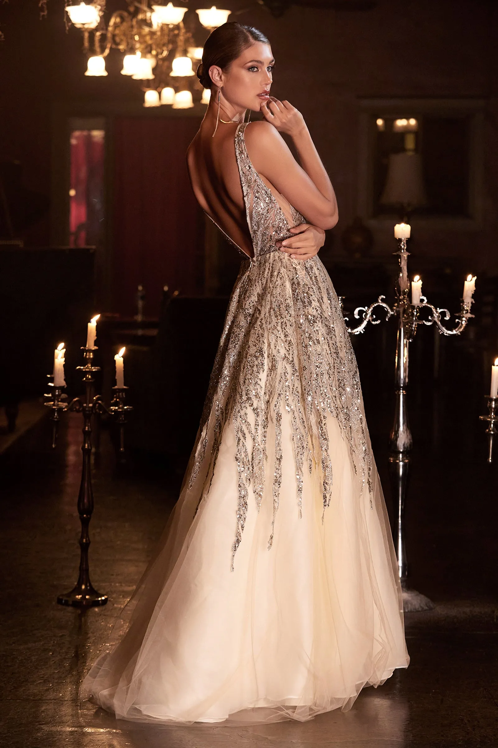 CINDERELLA DIVINE C135 Beaded Sleeveless Shimmer Ball Gown