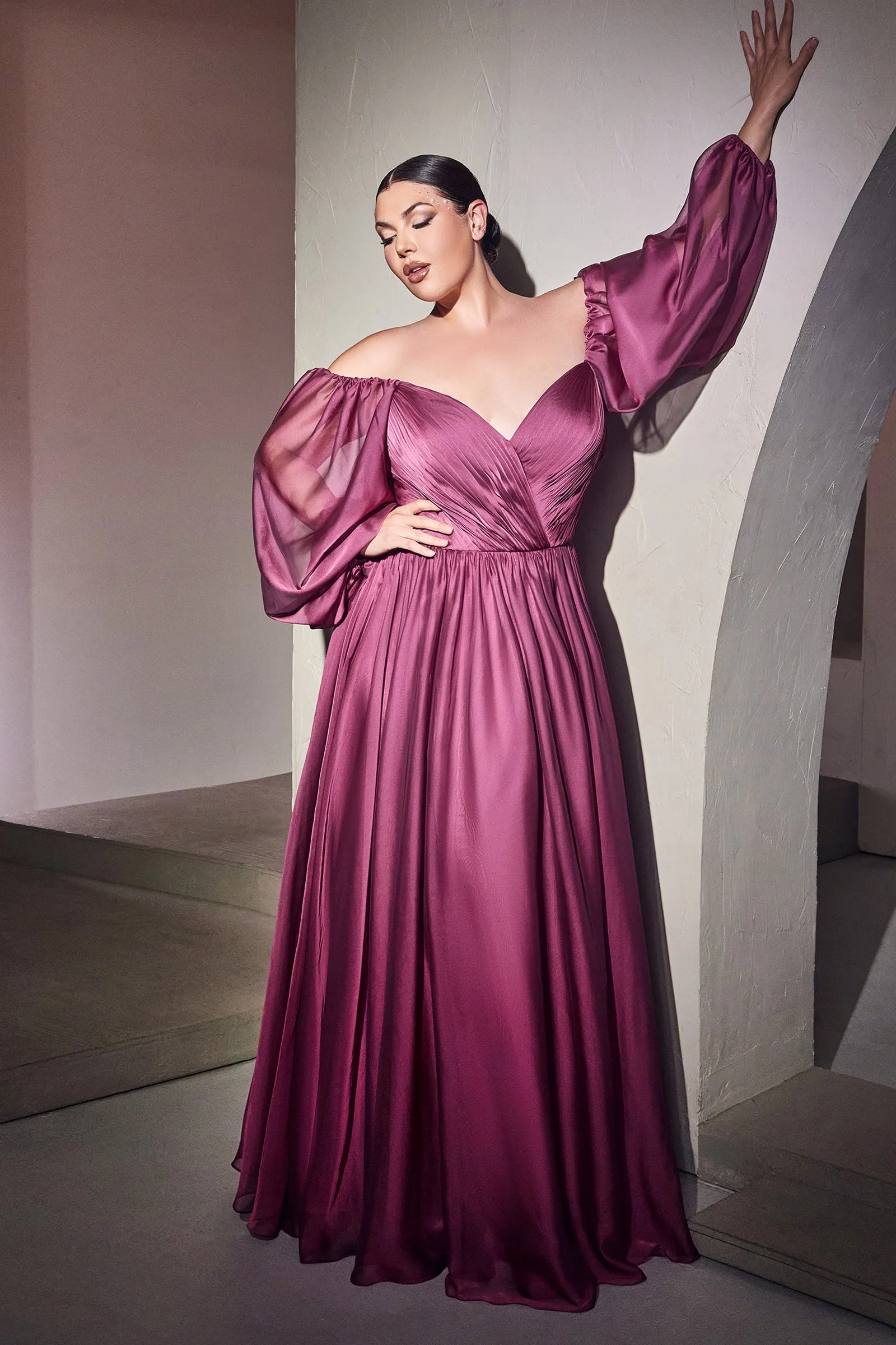 CINDERELLA DIVINE CD243C Plus Size A-Line Long Sleeve Chiffon Gown