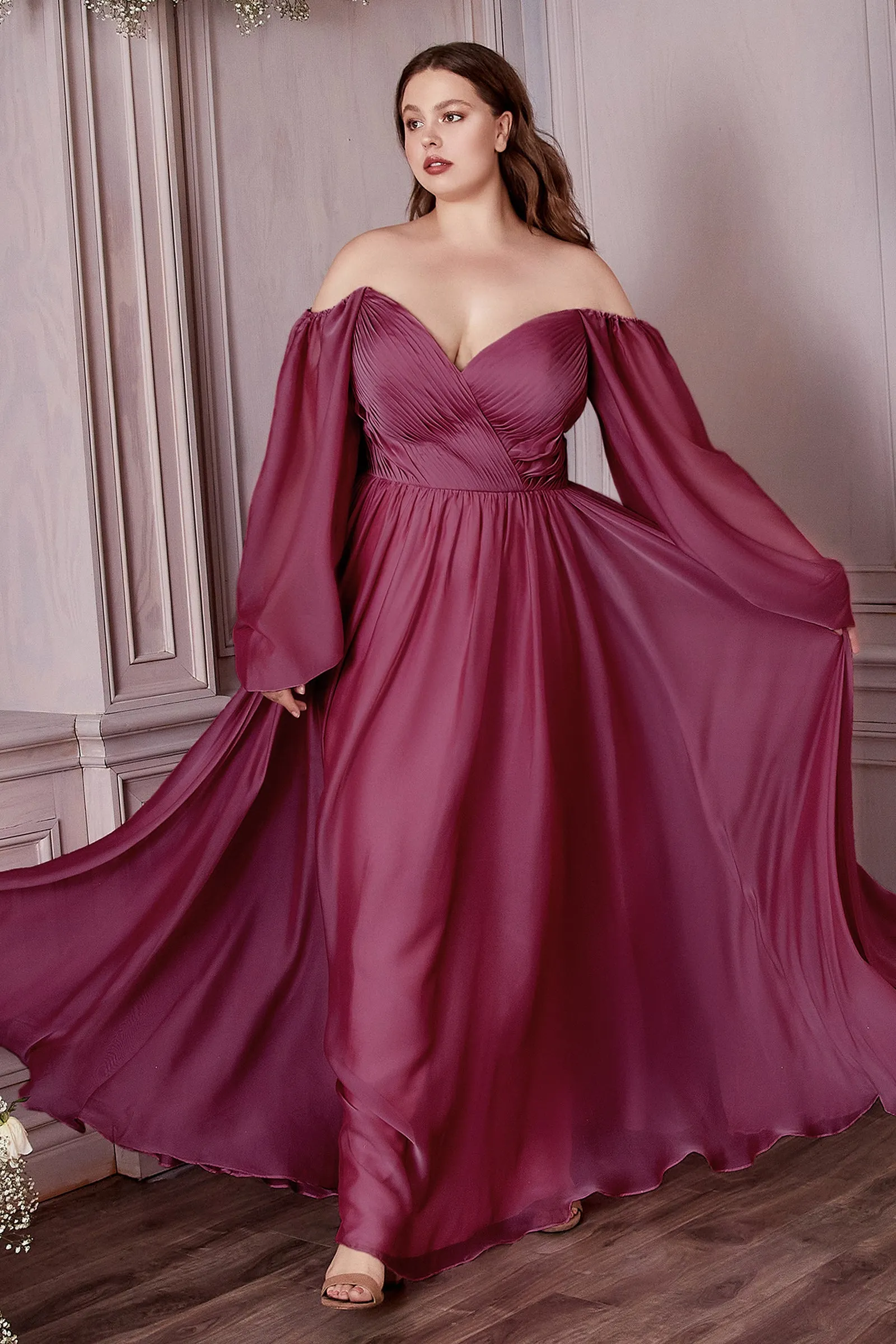 CINDERELLA DIVINE CD243C Plus Size A-Line Long Sleeve Chiffon Gown