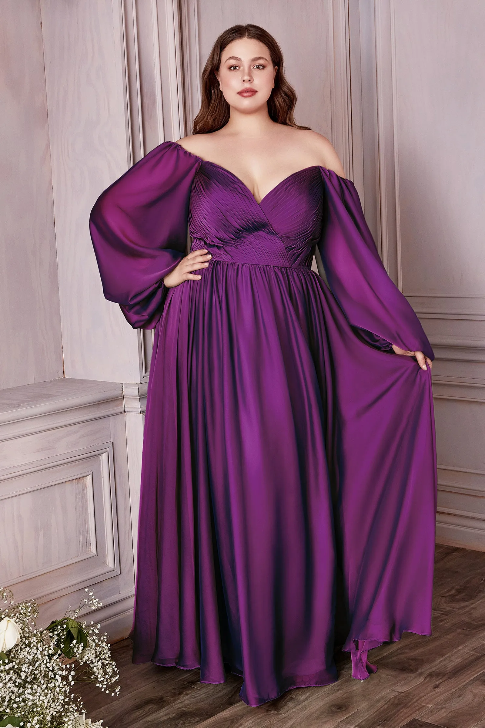 CINDERELLA DIVINE CD243C Plus Size A-Line Long Sleeve Chiffon Gown