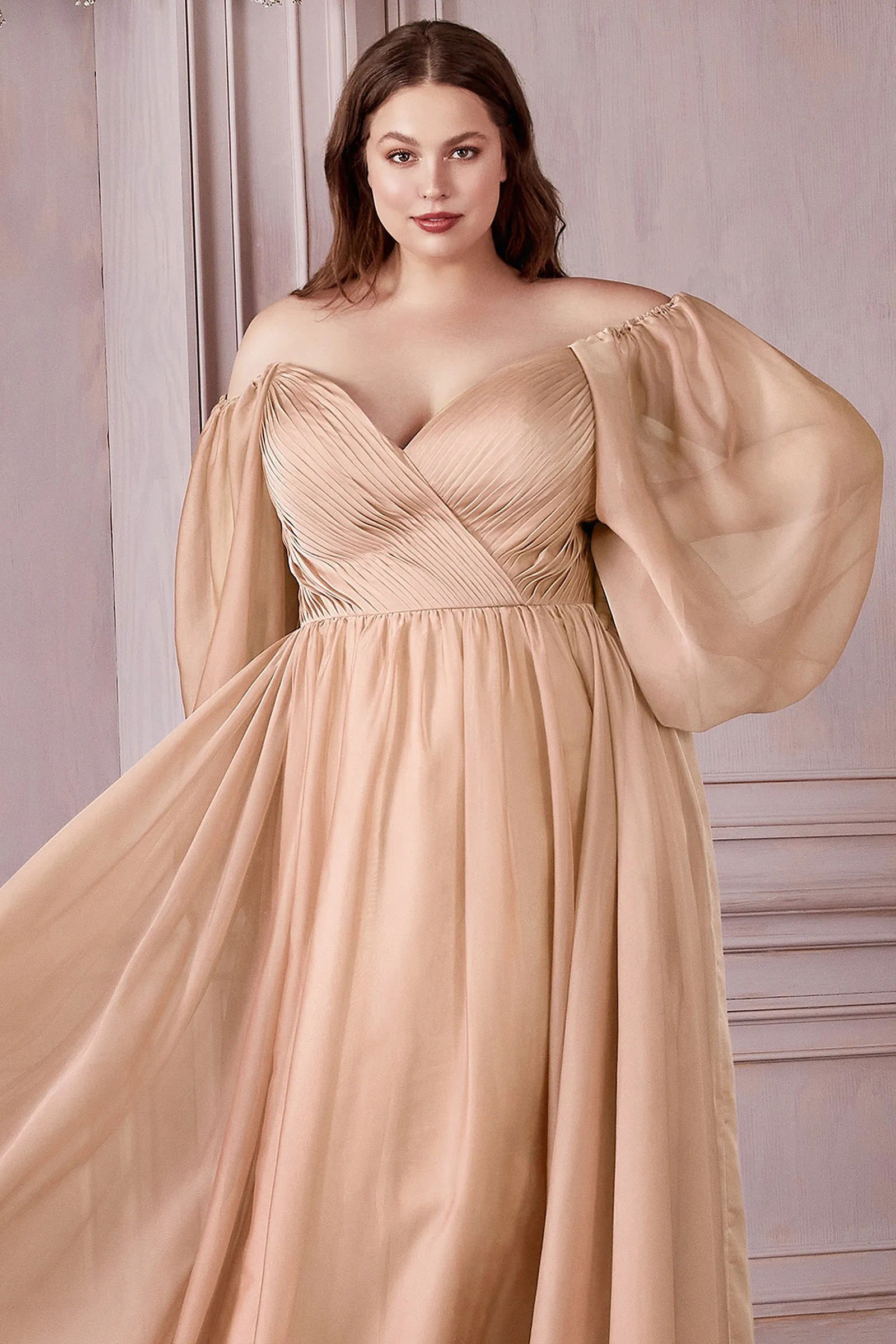 CINDERELLA DIVINE CD243C Plus Size A-Line Long Sleeve Chiffon Gown