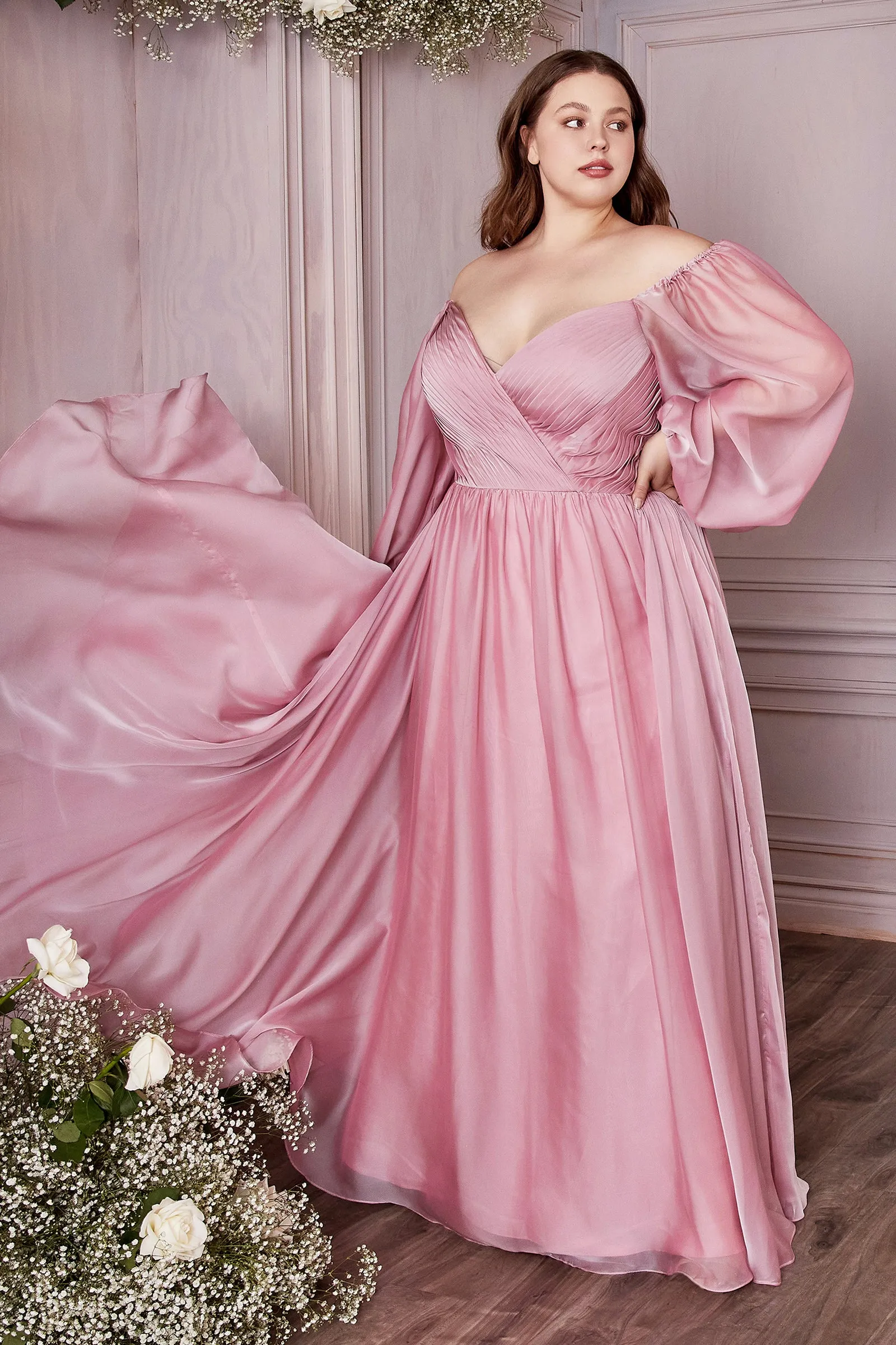 CINDERELLA DIVINE CD243C Plus Size A-Line Long Sleeve Chiffon Gown