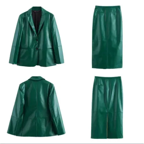 cold weather outfits Joskaa 2024 Autumn New Arrival Women's Leather Green Straight Cut Suit Jacket With Split Side Skirt Medium Length Dress Set