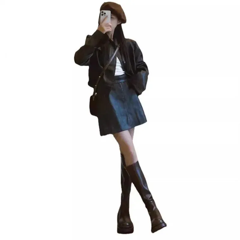 cold weather outfits Joskaa Vintage American Style Leather Jacket And Skirt Set Two-Piece Autumn/Winter Outfit Coordination Complete Set Women's Fashion