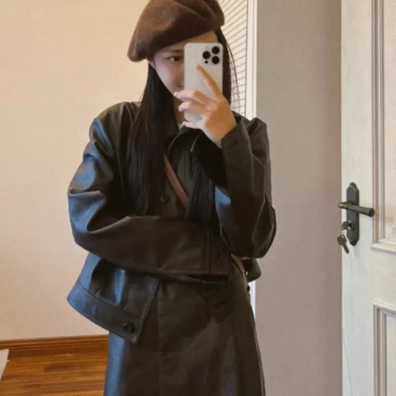 cold weather outfits Joskaa Vintage American Style Leather Jacket And Skirt Set Two-Piece Autumn/Winter Outfit Coordination Complete Set Women's Fashion