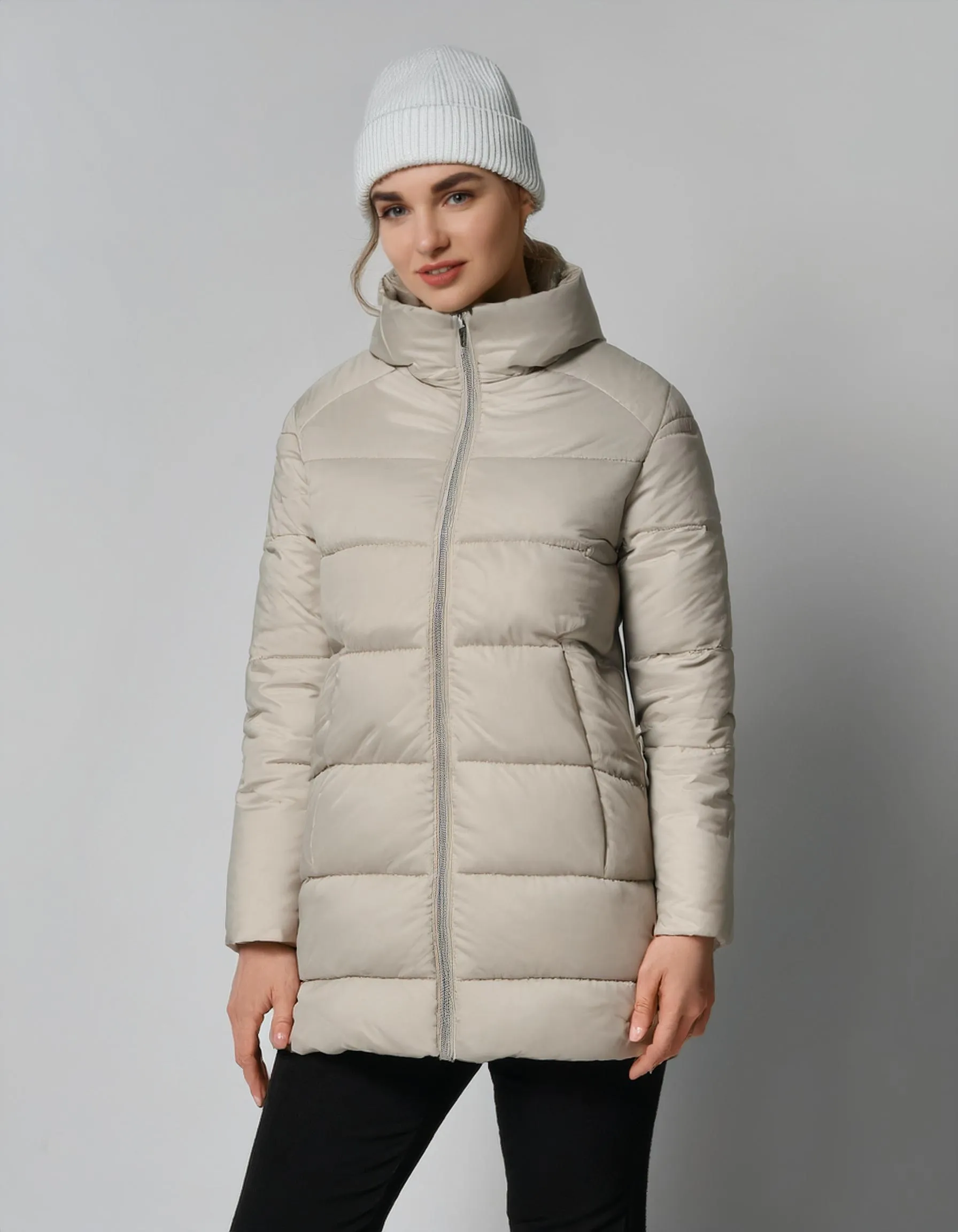 Cream Long-Line Hooded Puffer Jacket