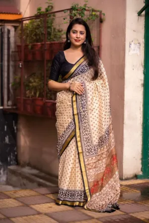 Cream Silk Blend Geometric Saree with Unstitched Blouse - Hiral Fashion