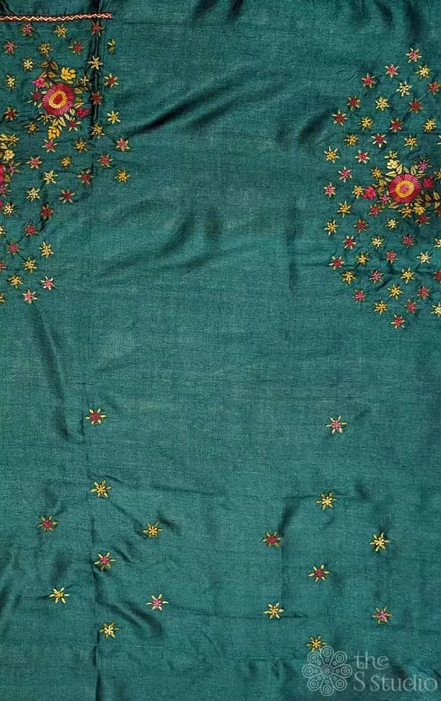 Dark green tussar silk material with floral kutch hand embroidery