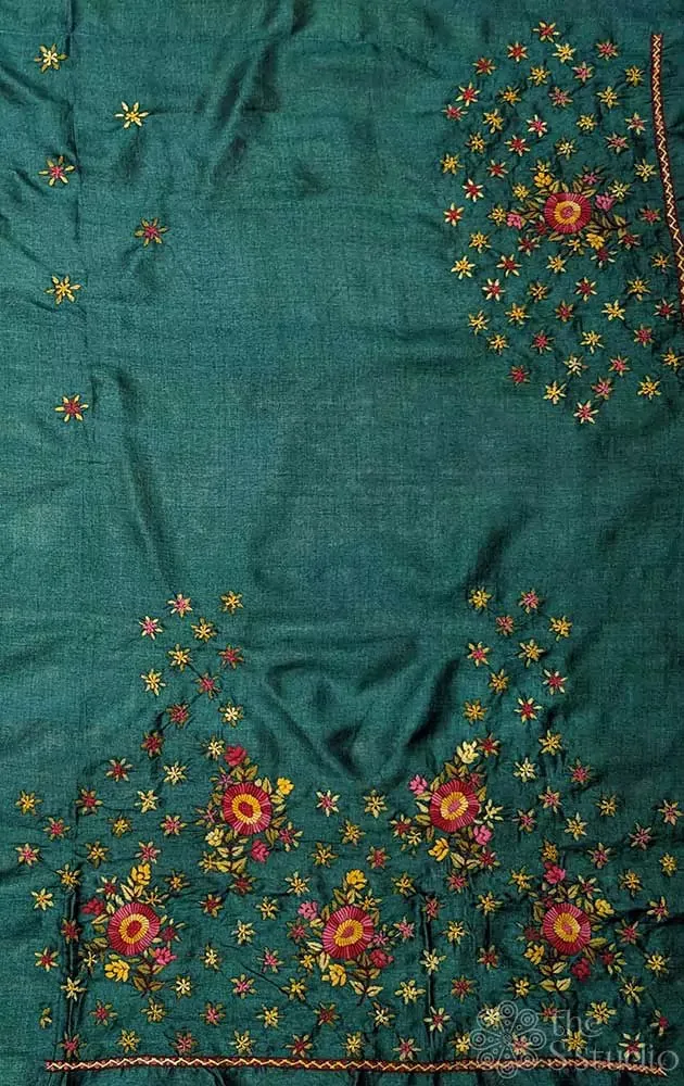 Dark green tussar silk material with floral kutch hand embroidery