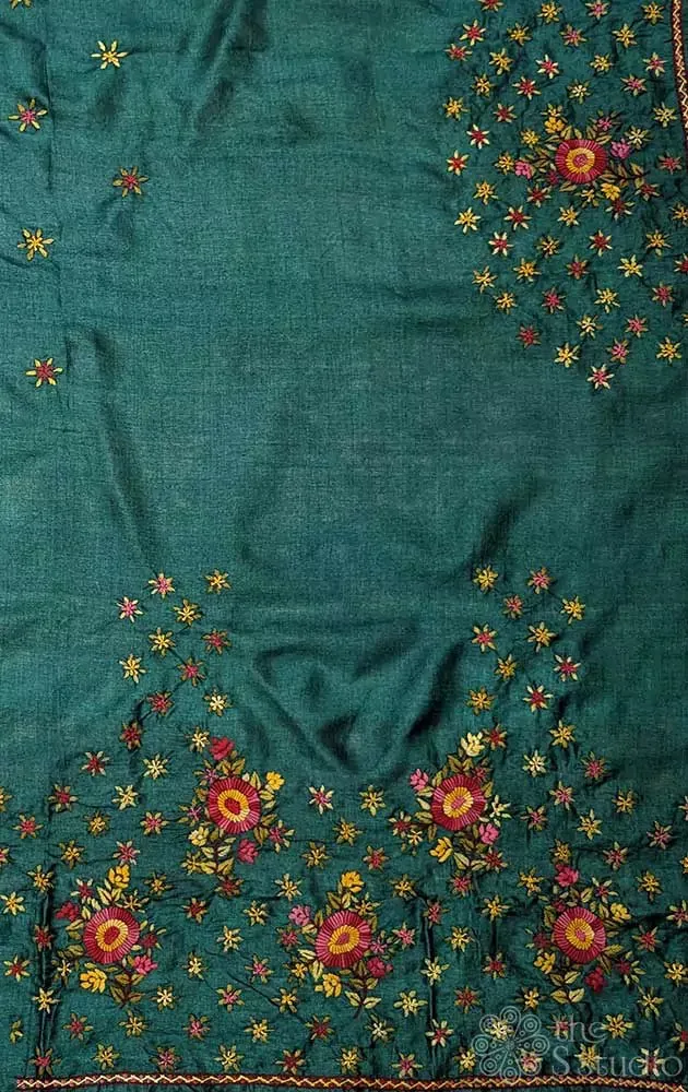 Dark green tussar silk material with floral kutch hand embroidery