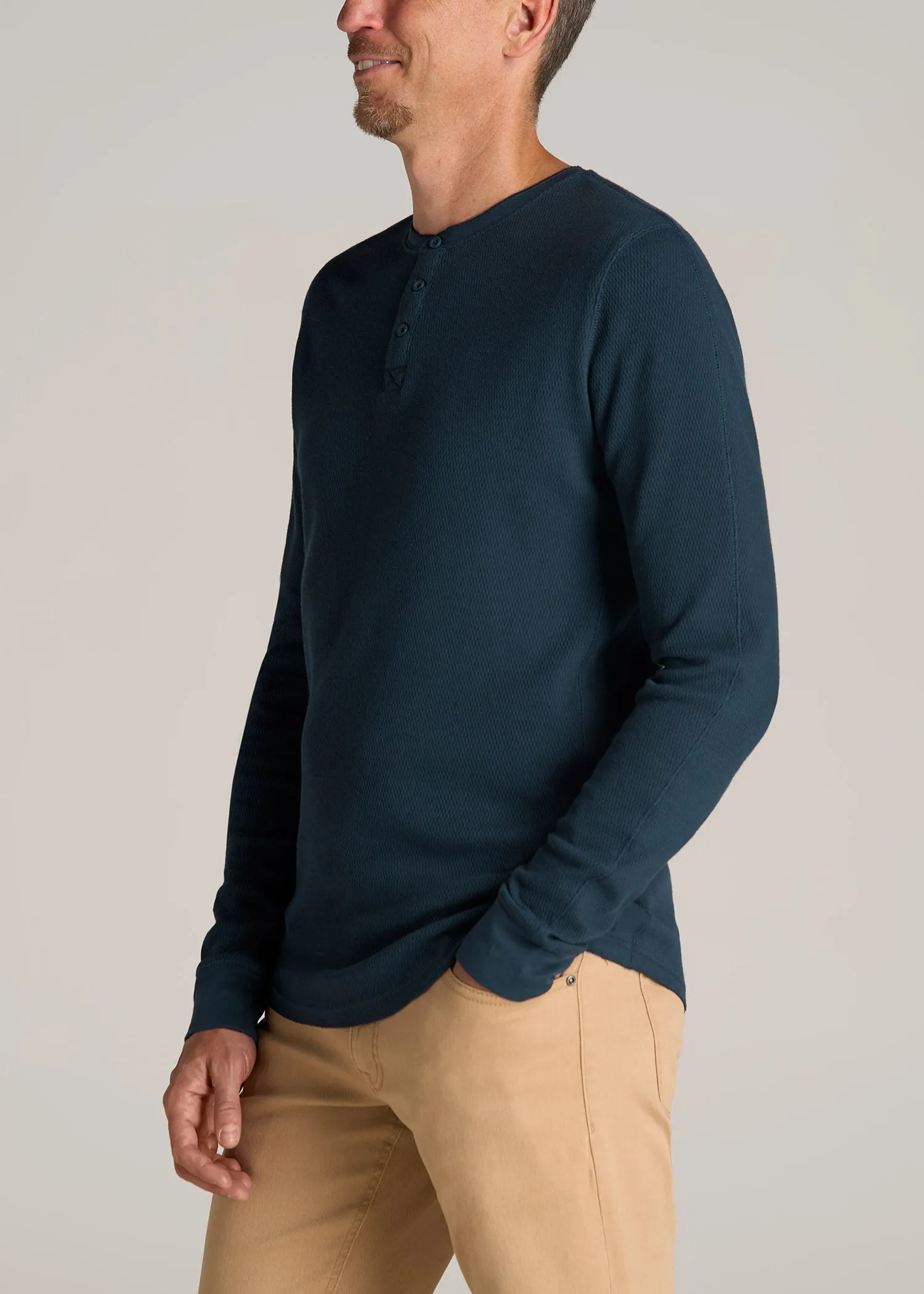 Double Honeycomb Thermal Long-Sleeve Henley Shirt for Tall Men in True Navy