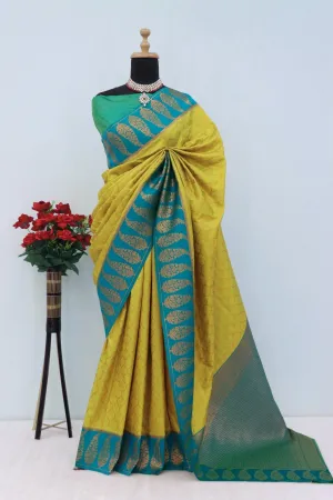 Enticing Mustard Soft Banarasi Silk Saree With Bucolic Blouse Piece