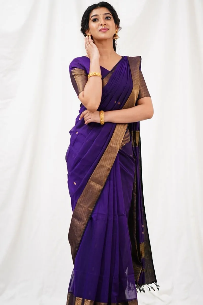 Exceptional Purple Cotton Silk Saree With Classic Blouse Piece