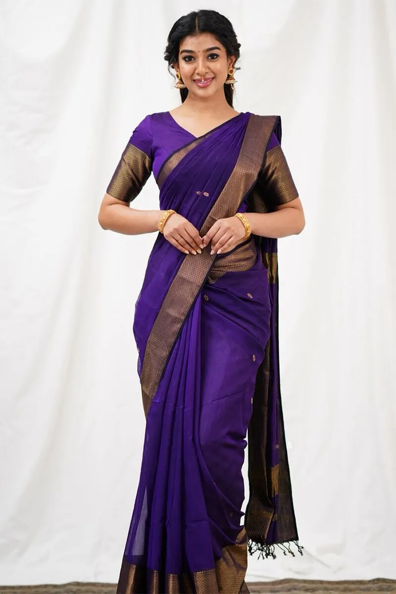 Exceptional Purple Cotton Silk Saree With Classic Blouse Piece