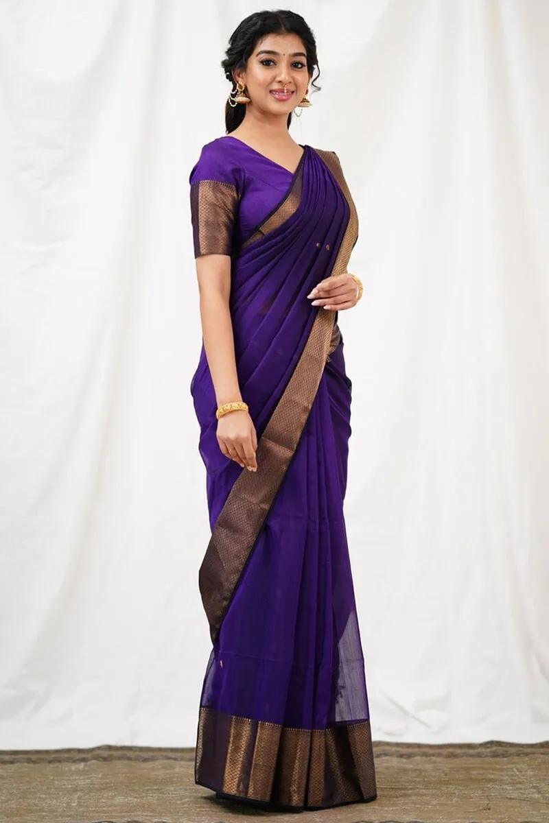 Exceptional Purple Cotton Silk Saree With Classic Blouse Piece