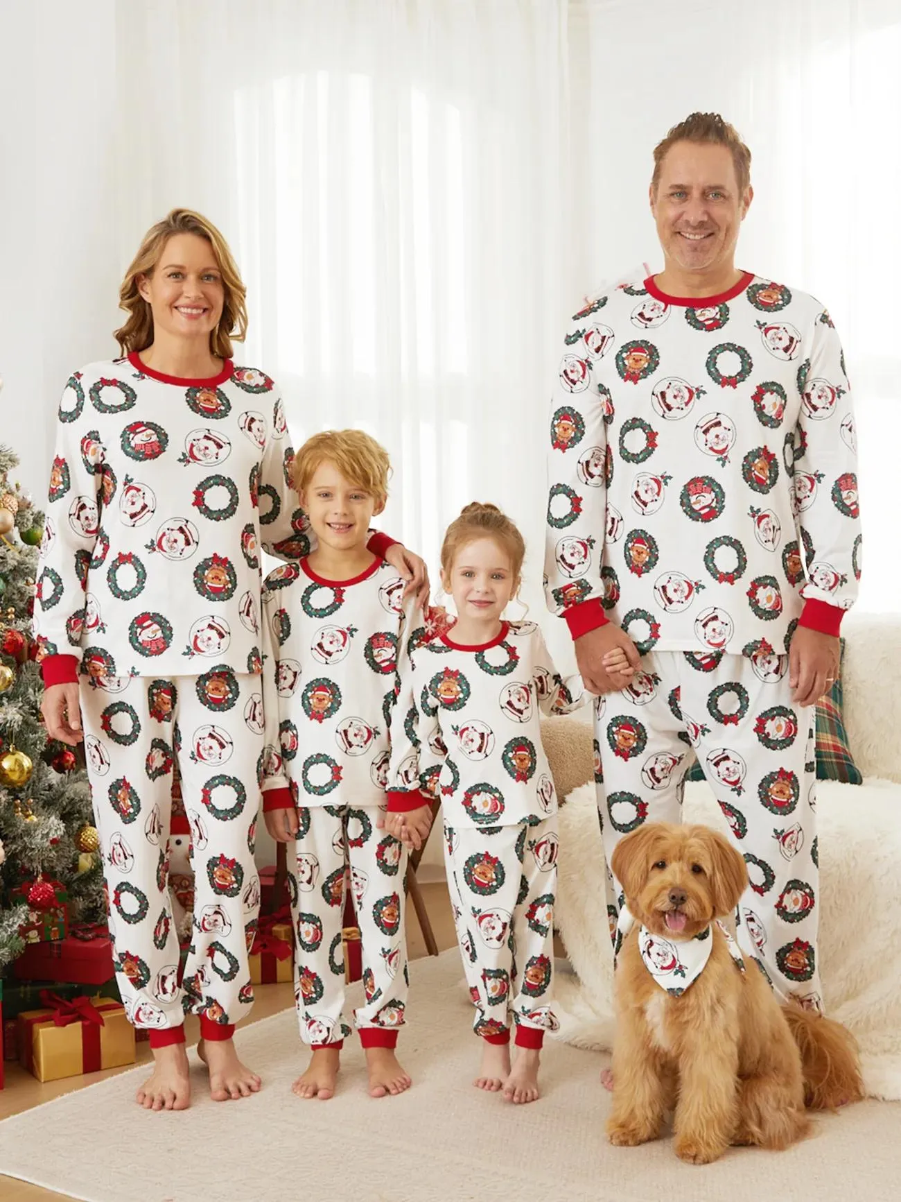 Family Christmas Pajamas Set With Santa And Reindeer Wreath Design