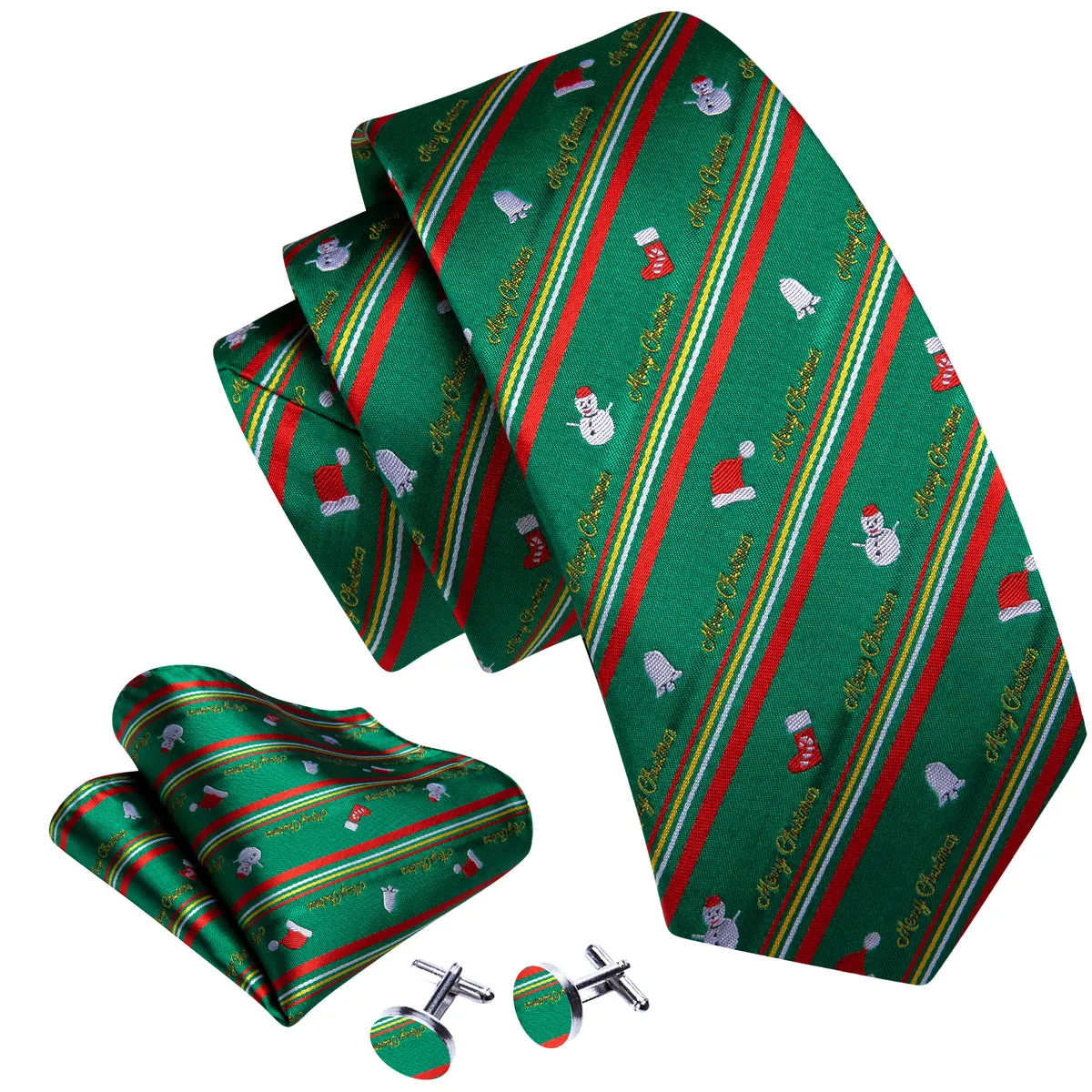 Festive Green & Red Snowman Pattern Silk Tie, Pocket Square, and Cufflinks Set