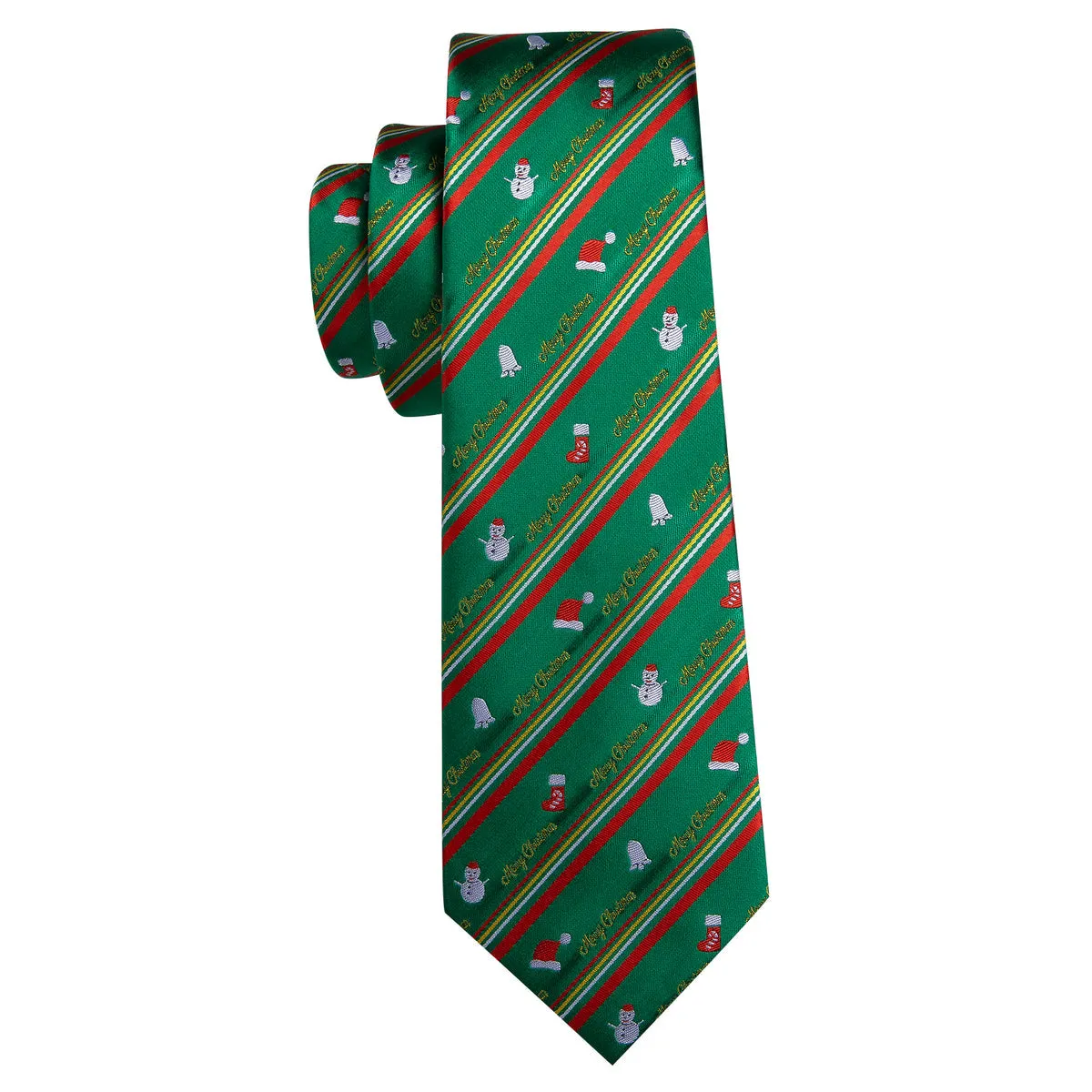 Festive Green & Red Snowman Pattern Silk Tie, Pocket Square, and Cufflinks Set