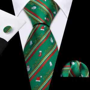 Festive Green & Red Snowman Pattern Silk Tie, Pocket Square, and Cufflinks Set