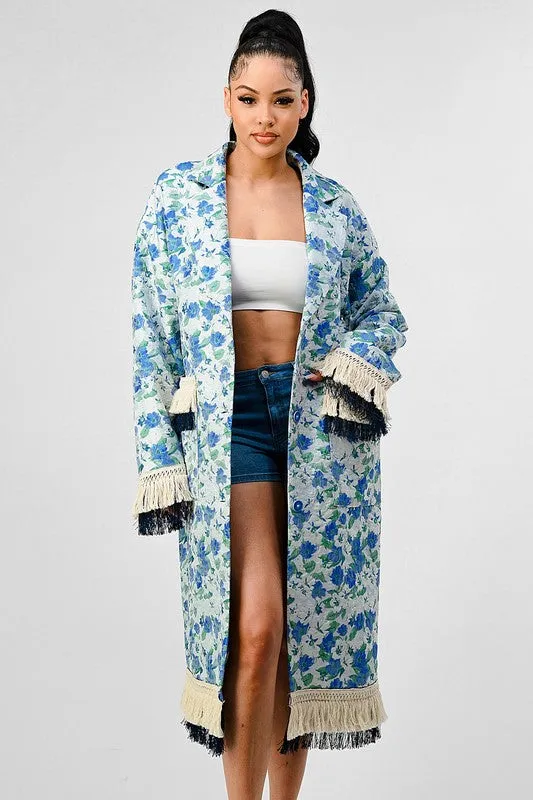 Floral Print Tassel Trench Coat