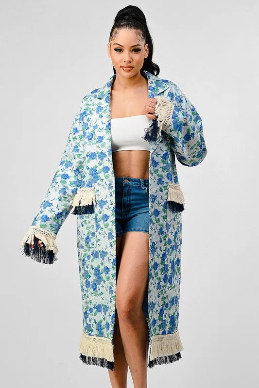 Floral Print Tassel Trench Coat